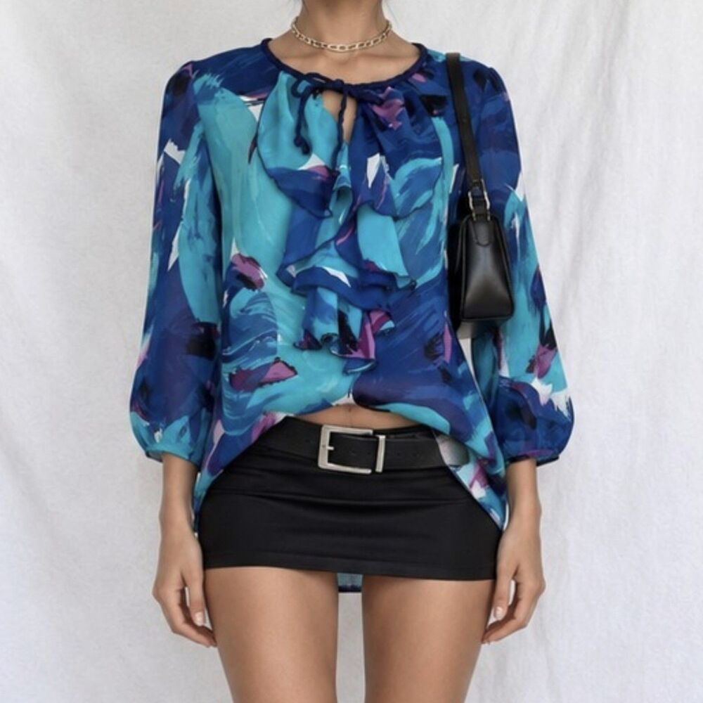 Vintage Y2K Blue Printed Ruffle Chiffon Puffy Long 3/4 Sleeve Blouse Top XS/S